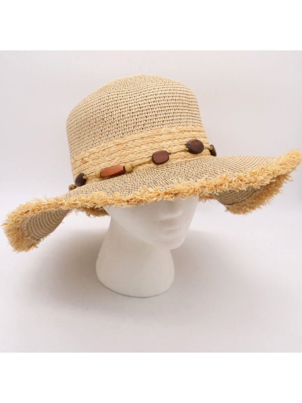 San Diego Hat‎ Co Wide Brim Straw & Raffia Hat Tan w/ Wood Bead Trim Sun Beach